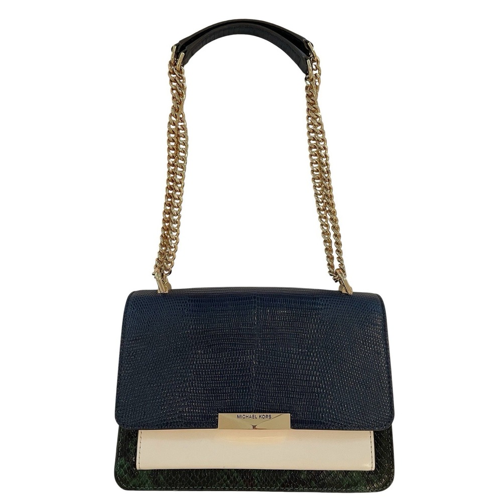 Michael Kors Jade Gusset Leather Satchel Shoulder Bag Green Blue Ivory Old Money - Picture 2 of 16
